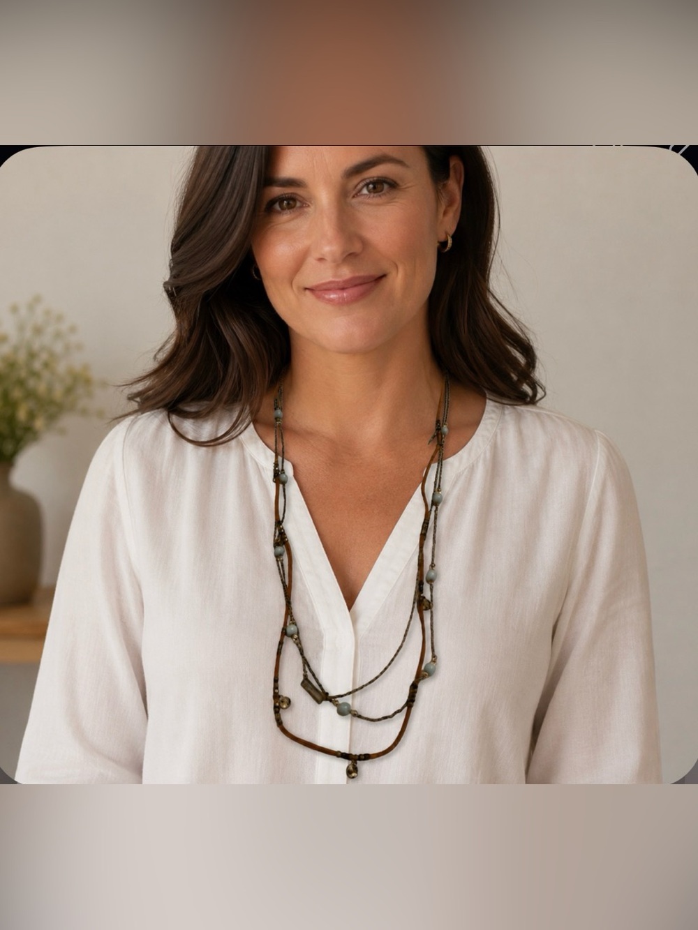 4/$20 Necklace: layered casual teal, leather, brown EUC